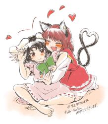 Rule 34 | 2girls, 929mura, animal ear piercing, animal ears, bare legs, barefoot, black hair, cat ears, cat tail, chen, closed eyes, closed mouth, commentary request, fang, heart, inaba tewi, long sleeves, multiple girls, multiple tails, nail polish, nekomata, open mouth, rabbit ears, red eyes, red hair, red nails, short sleeves, simple background, sitting, tail, two tails, white background, yuri