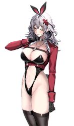 Rule 34 | 1girl, animal ears, black gloves, black leotard, black thighhighs, blush, breasts, cleavage, closed mouth, clothing cutout, collar, cropped jacket, fake animal ears, fake tail, frown, gloves, goddess of victory: nikke, grey hair, highres, jacket, jewelry, large breasts, leotard, long hair, messy hair, midriff, navel, navel cutout, necklace, playboy bunny, rabbit ears, rabbit tail, red jacket, scar, scar on stomach, simple background, solo, tail, thighhighs, white background, yellow eyes, ymr yamero, yulha (nikke)