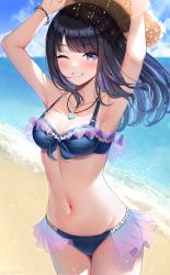 Rule 34 | 1girl, ;), absurdres, armpits, arms up, azukiman, bare arms, bare shoulders, beach, bikini, black hair, blue bikini, blue sky, blurry, blurry background, blush, bracelet, breasts, cleavage, cloud, collarbone, commentary, cowboy shot, day, floating hair, frilled bikini, frills, front-tie bikini top, front-tie top, grin, groin, halterneck, hat, unworn hat, unworn headwear, highres, holding, holding clothes, holding hat, horizon, idolmaster, idolmaster shiny colors, jewelry, kazano hiori, light particles, long hair, looking at viewer, medium breasts, mole, mole under mouth, navel, necklace, ocean, one eye closed, outdoors, parted lips, pendant, purple eyes, see-through, sidelocks, sky, smile, solo, sparkle, standing, stomach, straw hat, sun hat, sunlight, swimsuit, twitter username
