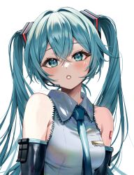 Rule 34 | 1girl, aqua eyes, aqua hair, aqua necktie, ay6as, bare shoulders, blush, detached sleeves, hair ornament, hatsune miku, headset, highres, long hair, looking at viewer, necktie, number tattoo, open mouth, resolution mismatch, revision, simple background, source smaller, tattoo, twintails, very long hair, vocaloid
