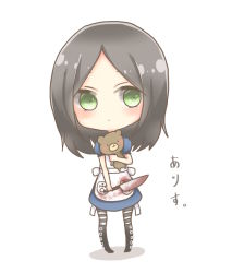 Rule 34 | 1girl, alice: madness returns, alice (alice in wonderland), alice in wonderland, alice liddell (american mcgee&#039;s alice), american mcgee&#039;s alice, american mcgee's alice, apron, black hair, blood, boots, chibi, green eyes, knife, simple background, solo, striped legwear, stuffed toy, text focus, translation request