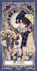 Rule 34 | 1boy, black flower, black hair, brown eyes, chinese commentary, clown, commentary request, english text, facing viewer, fingernails, flower, hat, highres, holding, holding flower, klein moretti, looking at viewer, lord of the mysteries, magic trick, makeup, numbered, official art, parted lips, shirt, short hair, smile, solo, tarot, tarot (medium), white flower, white shirt