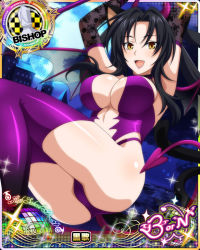 Rule 34 | 1girl, :d, animal ears, arms up, ass, bishop (chess), black hair, breasts, card (medium), cat ears, cat tail, character name, chess piece, cleavage, elbow gloves, fake horns, fake tail, fake wings, fang, gloves, hair rings, happy, high school dxd, high school dxd born, horns, kuroka (high school dxd), large breasts, lipstick, long hair, looking at viewer, makeup, moon, multiple tails, night, official art, open mouth, purple lips, slit pupils, smile, solo, tail, thighhighs, trading card, wings, yellow eyes
