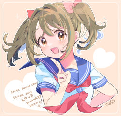 Rule 34 | 1girl, blue sailor collar, blush, bow, breasts, brown background, brown eyes, brown hair, character name, cropped torso, dot nose, hair bow, hair ribbon, hand on own hip, hand up, heart, highres, idolmaster, idolmaster cinderella girls, idolmaster cinderella girls starlight stage, imai kana, index finger raised, jamu, long hair, looking at viewer, medium breasts, neckerchief, open mouth, pink ribbon, red neckerchief, ribbon, sailor collar, school uniform, serafuku, shirt, short sleeves, signature, smile, solo, sparkle, teeth, twintails, upper body, upper teeth only, white shirt