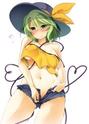 Rule 34 | 1girl, aki (akikaze asparagus), alternate costume, blush, breasts, come hither, covered erect nipples, crop top, crop top overhang, cutoffs, denim, denim shorts, green eyes, green hair, groin, hat, heart, heart of string, komeiji koishi, large breasts, looking at viewer, matching hair/eyes, naughty face, no bra, no panties, off shoulder, open clothes, open shorts, short hair, short shorts, shorts, simple background, smile, solo, strap slip, tank top, touhou, underboob, unzipped, white background