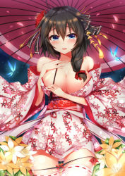 Rule 34 | 10s, 1girl, alternate breast size, bare shoulders, black panties, black ribbon, blush, braid, breasts, bug, butterfly, cherry blossoms, cleavage, collarbone, cowboy shot, floral print, gluteal fold, hair between eyes, hair flaps, hair ornament, hair ribbon, hand on own chest, highres, holding, holding umbrella, insect, japanese clothes, kantai collection, kimono, large breasts, long hair, looking at viewer, oil-paper umbrella, open mouth, outdoors, panties, ribbon, ribbon-trimmed legwear, ribbon trim, shigure (kancolle), shigure kai ni (kancolle), short kimono, side braid, smile, solo, thigh gap, thighhighs, umbrella, underwear, white thighhighs, yuxian youka, zettai ryouiki