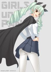 Rule 34 | &gt;:d, 10s, 1girl, :d, anchovy (girls und panzer), artist name, ass, black skirt, breasts, brown eyes, copyright name, cowboy shot, dated, drill hair, from behind, girls und panzer, green hair, grey background, hands on own hips, long hair, medium breasts, miyai sen, open mouth, pantyhose, pleated skirt, simple background, skirt, smile, solo, teeth, thighs, twintails, v-shaped eyebrows, watermark, white pantyhose