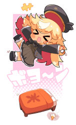 Rule 34 | &gt; &lt;, 1girl, black footwear, black hat, black jacket, blonde hair, chibi, commentary request, dark-skinned female, dark skin, dress, grey dress, hat, highres, hololive, jacket, long hair, multicolored hair, nokiri, official alternate costume, open mouth, sailor hat, shiranui flare, shiranui flare (street), short dress, solo, streaked hair, striped clothes, striped dress, vertical-striped clothes, vertical-striped dress, virtual youtuber, wavy mouth