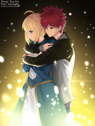 Rule 34 | 1boy, 1girl, ahoge, artist name, artoria pendragon (all), artoria pendragon (fate), berrykanry, blonde hair, blue dress, blue panties, brown eyes, closed mouth, commentary request, copyright name, dress, emiya shirou, english text, fate/stay night, fate (series), green eyes, hair between eyes, highres, hug, hug from behind, jacket, long sleeves, panties, profile, red hair, saber (fate), sidelocks, sleeves past wrists, smile, underwear, white jacket
