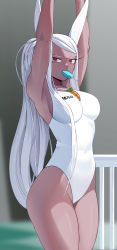 Rule 34 | 1girl, absurdres, alternate hairstyle, animal ears, armpits, arms up, ass, bare arms, between breasts, boku no hero academia, breasts, carrot necklace, cleavage, competition swimsuit, covered navel, cowboy shot, dark-skinned female, dark skin, food in mouth, hair over shoulder, highleg, highleg swimsuit, highres, jewelry, koyap, large breasts, long eyelashes, long hair, looking at viewer, mirko, necklace, one-piece swimsuit, ponytail, popsicle, popsicle in mouth, rabbit ears, rabbit girl, red eyes, solo, swept bangs, swimsuit, thighs, toned, very long hair, white hair, white one-piece swimsuit