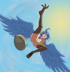Rule 34 | 1girl, ahoge, anus, blue hair, blue wings, blush, breasts, claws, egg, egg laying, feathered wings, feathers, from below, harpy, highres, monster girl, monster musume no iru nichijou, navel, nipples, nude, orange eyes, papi (monster musume), pussy, short hair, small breasts, solo, spread legs, thighs, uncensored, wings, wolffsteel