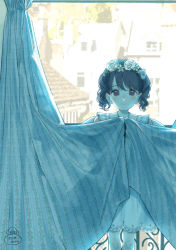 Rule 34 | 1girl, backlighting, black hair, commentary request, curly hair, curtains, dress, flower wreath, fukumaru koito, highres, idolmaster, idolmaster shiny colors, jewelry, looking at viewer, monochrome, necklace, paayan (hagakinorock54), short hair, smile, solo, standing, swept bangs, twintails, white dress