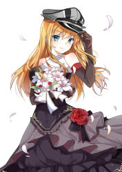 Rule 34 | 1girl, adjusting clothes, adjusting headwear, alternate costume, bare shoulders, bismarck (kancolle), black dress, blonde hair, blue eyes, blush, bouquet, breasts, dress, elbow gloves, filigree, flower, gloves, hat, highres, hnanati, holding, kantai collection, lily (flower), long hair, looking at viewer, medium breasts, peaked cap, petals, simple background, sleeveless, smile, solo, wedding dress, white background