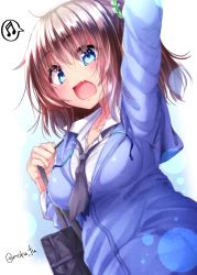 Rule 34 | 1girl, :d, arm up, bag, beamed sixteenth notes, black necktie, blue eyes, blue jacket, blush, breasts, brown hair, collarbone, collared shirt, dutch angle, fang, green scrunchie, hair between eyes, hair ornament, hair scrunchie, hand up, highres, holding, holding bag, hood, hood down, hooded jacket, hoodie, jacket, large breasts, long hair, long sleeves, looking at viewer, mokufuu, mole, musical note, necktie, one side up, open mouth, original, school bag, scrunchie, shirt, smile, solo, spoken musical note, twitter username, white shirt