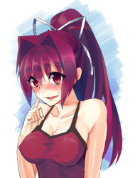Rule 34 | 1girl, bad id, bad pixiv id, blush, breasts, cleavage, hair intakes, hair ribbon, large breasts, ponytail, purple hair, red eyes, ribbon, solo, spaghetti strap, tank top, taut clothes, under night in-birth, yusano, yuzuriha (under night in-birth)