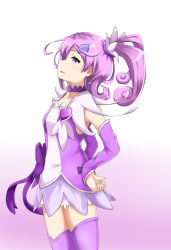 Rule 34 | 1girl, arm warmers, brooch, choker, cure sword, dokidoki! precure, earrings, fingerless gloves, galois, gloves, gradient background, hair ornament, half updo, heart, heart brooch, highres, jewelry, kenzaki makoto, open mouth, pink background, ponytail, precure, purple eyes, purple hair, purple skirt, purple theme, purple thighhighs, short hair, skirt, solo, spade hair ornament, thighhighs, white background