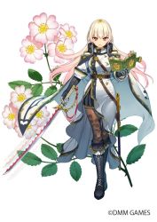 Rule 34 | 1girl, belt, black footwear, black gloves, blonde hair, book, boots, brown pantyhose, buttons, coat, commentary request, company name, flower, flower knight girl, full body, gloves, gradient hair, holding, holding book, holding sword, holding weapon, iltusa, knee boots, long hair, looking at viewer, multicolored hair, name connection, noibara (flower knight girl), object namesake, official art, pantyhose, pink hair, red eyes, simple background, solo, standing, sword, weapon, white background, white coat