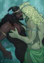 Rule 34 | 2boys, abs, achilles (hades), bara, beard, blonde hair, butt crack, chest jewel, clothed male nude male, couple, dark-skinned male, dark skin, facial hair, feet out of frame, from side, grabbing, hades (series), heads together, highres, imminent kiss, interracial, large pectorals, long hair, male focus, mature male, multiple boys, muscular, muscular male, mustache, nude, patroclus (hades), pectoral grab, pectorals, spicynoon, thick eyebrows, topless male, very dark skin, yaoi