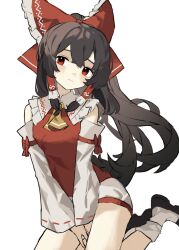 Rule 34 | 1girl, absurdres, ascot, bare shoulders, black footwear, black hair, bow, closed mouth, clynxen, detached sleeves, hair between eyes, hair bow, hair tubes, hakurei reimu, highres, japanese clothes, long hair, nontraditional miko, red bow, red eyes, ribbon-trimmed sleeves, ribbon trim, shoes, sidelocks, simple background, socks, solo, touhou, white background, white sleeves, white socks, wide sleeves, yellow ascot