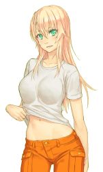 Rule 34 | 1girl, aqua eyes, blonde hair, blush, breasts, clothes lift, full body, groin, long hair, looking at viewer, midriff, mustard seeds, navel, original, pants, parted lips, shirt, shirt lift, simple background, smile, solo, white background, white shirt, yuuji (and)