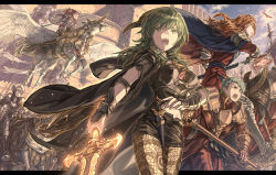 Rule 34 | 2boys, 2girls, armor, black coat, black shorts, blue cape, breasts, brown hair, byleth (female) (fire emblem), byleth (fire emblem), cape, caspar von bergliez, coat, day, feathered wings, ferdinand von aegir, fire emblem, fire emblem: three houses, floating hair, from below, green eyes, green hair, harusame (rueken), holding, holding polearm, holding sheath, holding sword, holding weapon, pantyhose under shorts, long hair, medium breasts, midriff, multiple boys, multiple girls, navel, nintendo, open mouth, outdoors, pantyhose, pegasus, pegasus knight uniform (fire emblem), petra macneary, polearm, red hair, riding, sheath, short hair, short shorts, shorts, shoulder armor, stomach, sword, unsheathing, very long hair, weapon, white wings, wings
