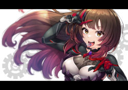 Rule 34 | 1girl, breasts, brown hair, chest harness, cleavage, dress, framed, gears, gradient hair, hands up, harness, highres, hololive, horns, kerenmi, letterboxed, long hair, looking at viewer, mechanical arms, multicolored hair, red hair, roboco-san, roboco-san (dark bride), robot girl, see-through, single horn, smile, solo, tongue, tongue out, upper body, very long hair, virtual youtuber, yellow eyes