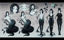 Rule 34 | 1girl, absurdly long hair, angry, artist name, bare shoulders, black hair, black shirt, breasts, character name, character sheet, cleavage, collarbone, commentary, covered erect nipples, dated, english text, expressions, fingernails, full body, gradient background, gradient skin, greek mythology, grey background, hair between eyes, highres, kamochiru, long hair, long tongue, looking at viewer, monster girl, navel, nipples, nude, open mouth, original, pale skin, parted bangs, parted lips, ponytail, sharp fingernails, shirt, sidelocks, simple background, smile, snake hair, standing, stomach, t-shirt, tongue, tongue out, variations, very long hair