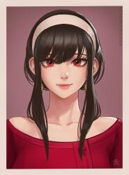 Rule 34 | 1girl, bare shoulders, black hair, collarbone, damaged, ear piercing, earrings, hair between eyes, hairband, hole, jewelry, photo (object), piercing, red eyes, red shirt, red sweater, sciamano240, shirt, short hair, smile, spy x family, straight-on, sweater, yor briar