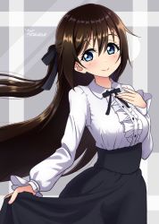 Rule 34 | 1girl, aqua eyes, artist name, artist request, black bow, black skirt, blue eyes, blush, bow, bowtie, breasts, brown hair, buttons, center frills, collared dress, dress, female focus, floating hair, frills, hair between eyes, hair bow, half updo, hand on own chest, high ponytail, holding, holding clothes, holding skirt, long hair, long sleeves, looking at viewer, love live!, love live! nijigasaki high school idol club, medium breasts, miniskirt, nail, nail polish, osaka shizuku, parted lips, pink nails, plaid, plaid dress, plaid skirt, pleated, pleated dress, pleated skirt, ponytail, puffy long sleeves, puffy sleeves, skirt, smile, solo, wavy hair, white dress
