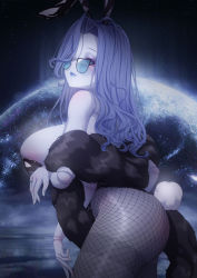 Rule 34 | 1girl, alternate breast size, animal ears, ass, bespectacled, blue eyes, blue hair, blue skin, breasts, cleavage, colored skin, commentary request, doll joints, elden ring, extra arms, fake animal ears, fishnet pantyhose, fishnets, full body, glasses, grey pantyhose, hair over one eye, highres, joints, large breasts, leotard, long hair, looking at viewer, pantyhose, playboy bunny, rabbit ears, rabbit tail, ranni the witch, rhasta, solo, standing, sunglasses, tail