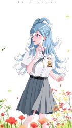 Rule 34 | 1girl, absurdres, artist name, blue eyes, blue hair, blurry, blurry foreground, blush, braid, character name, day, earrings, flower, grey necktie, grey skirt, hand up, highres, hololive, hololive indonesia, indonesian high school uniform, jewelry, kobo kanaeru, long hair, looking to the side, multicolored hair, necktie, open mouth, outdoors, phone wallpaper, risdandr, school uniform, shirt, short sleeves, skirt, smile, solo, standing, stud earrings, two-tone hair, very long hair, virtual youtuber, wallpaper, white hair, white shirt