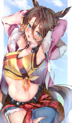 Rule 34 | 1girl, :d, absurdres, animal ears, armpits, arms behind head, arms up, asymmetrical clothes, blue eyes, blue pants, blush, breasts, brown hair, clothes around waist, commentary request, cowboy shot, crop top, fur-trimmed jacket, fur trim, hair between eyes, head tilt, highres, horse ears, horse girl, horse tail, horseshoe, huge filesize, incredibly absurdres, jacket, jacket around waist, long sleeves, looking at viewer, medium breasts, midriff, narita taishin (umamusume), navel, niku (hamuchang), open clothes, open jacket, open mouth, pants, pink jacket, red jacket, shirt, short hair, side-tie shirt, signature, single pantsleg, smile, solo, standing, stomach, sweat, tail, tied shirt, torn clothes, torn pants, umamusume, yellow shirt