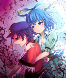 Rule 34 | 2girls, artist name, behind another, belt, blood, blood splatter, blue dress, blue eyes, blue hair, blue hat, commentary request, dress, empty eyes, flat cap, gradient background, hair ornament, hair rings, hair stick, hat, head tilt, highres, hug, hug from behind, kaku seiga, looking at another, miyako yoshika, multiple girls, ofuda, open mouth, outstretched arms, profile, puffy short sleeves, puffy sleeves, purple eyes, purple hair, red shirt, shirt, short hair, short sleeves, smile, star (symbol), thorns, torinosukei, touhou, two-tone background, upper body, vest, zombie pose