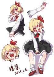 Rule 34 | 1girl, absurdres, artist name, ascot, black skirt, black vest, blonde hair, blood, blood on clothes, blood on face, blood on hands, collared shirt, dated, hair ribbon, highres, long sleeves, multiple views, open mouth, rangque (user vjjs4748), red ascot, red eyes, red footwear, red ribbon, ribbon, rumia, shirt, shoes, short hair, signature, simple background, skirt, smile, socks, touhou, vest, white background, white shirt, white socks