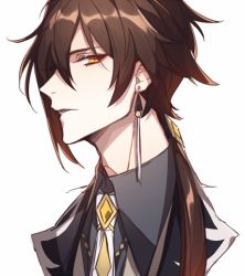 Rule 34 | 1boy, black hair, brown hair, earrings, formal, genshin impact, hair between eyes, jacket, jewelry, long hair, looking at viewer, male focus, multicolored hair, open mouth, piscesver24, ponytail, simple background, single earring, solo, suit, white background, yellow eyes, zhongli (genshin impact)