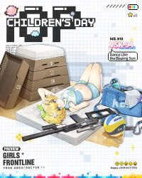 Rule 34 | 1girl, aged down, arm up, bag, ball, bandaid, bandaid on knee, bandaid on leg, battery indicator, blonde hair, blue bag, blue eyes, blue shirt, blue shorts, blush, bottle, character name, cheerleader, children&#039;s day, closed mouth, collared shirt, commentary, company name, copyright name, cuffs, duffel bag, english commentary, flashlight, full body, girls&#039; frontline, green hairband, grid background, gun, hair ornament, hairband, handcuffs, highres, id card, knees up, looking at viewer, lying, magazine (weapon), mat, micro shorts, midriff, mikasa sports, mole, mole under eye, navel, official alternate costume, official art, on back, pink footwear, planet, reflective floor, rifle, scope, second-party source, shirt, shoes, short hair, shorts, siqi (miharuu), sleeveless, sleeveless shirt, sneakers, sniper rifle, snowflake hair ornament, socks, solo, star (symbol), steam, suppressor, sweat, unzipped, vaulting horse, volleyball (object), vsk-94, vsk-94 (dance like the blazing sun) (girls&#039; frontline), vsk-94 (girls&#039; frontline), water bottle, weapon, white socks, wooden floor