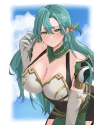 Rule 34 | 1girl, absurdres, aqua hair, armor, bare shoulders, blue sky, bow, braid, breastplate, breasts, chloe (fire emblem), cleavage, cloud, commission, covered navel, cowboy shot, dress, earrings, elbow gloves, fire emblem, fire emblem engage, gloves, highres, jewelry, large breasts, leaning forward, long hair, looking at viewer, nintendo, orange bow, peli cantaro, shoulder armor, side braid, skeb commission, sky, smile, solo, teardrop earrings, white gloves