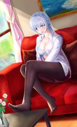 Rule 34 | 1girl, alternate costume, ass, azur lane, blue bra, blue eyes, bra, breasts, brown pantyhose, cleavage, couch, e^(in)+1=0, full body, highres, indoors, large breasts, looking at viewer, open clothes, open mouth, open shirt, painting (object), panties, panties under pantyhose, pantyhose, purple hair, rodney (azur lane), shirt, sitting, soles, solo, unbuttoned, underwear, white panties, white shirt