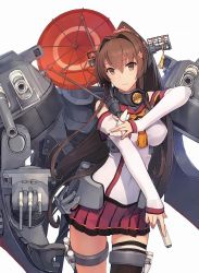 Rule 34 | 1girl, album cover, ammunition, anchor, armband, asymmetrical legwear, breasts, brown hair, cannon, collar, cover, detached sleeves, flower, hair between eyes, hair flower, hair ornament, headgear, highres, hip vent, holster, kantai collection, large breasts, long hair, looking at viewer, miniskirt, official art, oil-paper umbrella, outstretched arm, ponytail, purple eyes, red skirt, red umbrella, scan, shizuma yoshinori, simple background, single thighhigh, skirt, smile, solo, standing, thigh holster, thigh strap, thighhighs, third-party source, turret, type 91 armor-piercing shell, umbrella, uneven legwear, very long hair, white background, yamato (kancolle), z flag