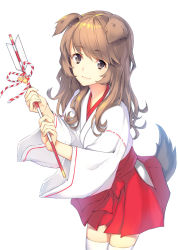 Rule 34 | 1girl, animal ears, arrow (projectile), bell, brown eyes, brown hair, chinese zodiac, closed mouth, commentary request, dog ears, dog girl, dog tail, fingernails, hair between eyes, hakama, hakama short skirt, hakama skirt, hamaya, holding, holding arrow, japanese clothes, jingle bell, kamome yuu, long hair, long sleeves, looking at viewer, miko, original, red hakama, simple background, skirt, solo, tail, thighhighs, very long hair, white background, white thighhighs, wide sleeves, year of the dog