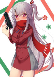 Rule 34 | 1girl, belt, blue ribbon, blush, commentary request, commission, cosplay, covered mouth, dress, drop shadow, fringe trim, grey dress, grey hair, gun, hair ornament, hair ribbon, hairclip, hanasaki work spring, handgun, hands up, highres, holding, holding gun, holding weapon, kasumasu (tales75), long hair, long scarf, long sleeves, looking at viewer, lycoris recoil, lycoris uniform, neck ribbon, nishikigi chisato, nishikigi chisato (cosplay), one side up, pink eyes, pleated dress, raised eyebrows, red belt, red dress, red scarf, ribbon, scarf, shiranui inori, shy, sidelocks, simple background, skeb commission, solo, two-tone dress, variant set, very long hair, weapon, white background