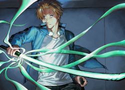 Rule 34 | 1boy, black pants, blue eyes, blue jacket, brown hair, closed mouth, expressionless, glasses, glowing, glowing weapon, hair over one eye, hand up, high collar, highres, holding, holding weapon, incoming attack, indoors, jacket, jin yuuichi, long sleeves, looking at viewer, male focus, motion blur, oki xfourty, pants, shirt, short hair, solo, standing, sword, tinted eyewear, uniform, unsheathed, weapon, white shirt, world trigger