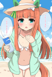 Rule 34 | 1girl, animal ears, beach, bikini, blush, bottle, breasts, cloud, collarbone, commentary request, hat, highres, himawari (sunflower7373), horse ears, horse girl, horse tail, long hair, looking at viewer, navel, ocean, open mouth, orange hair, outdoors, sand, silence suzuka (umamusume), sky, small breasts, solo, speech bubble, straw hat, swimsuit, tail, translation request, umamusume, water, water bottle