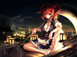 Rule 34 | 1girl, barefoot, boat, breasts, cleavage, coin, hair bobbles, hair ornament, highres, hira-san, hitodama, lantern, large breasts, looking down, night, night sky, onozuka komachi, paper lantern, red eyes, red hair, sitting, sky, solo, star (sky), starry sky, touhou, two side up, watercraft