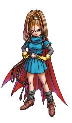 Rule 34 | 1girl, barbara (dq6), belt, cape, dragon quest, dragon quest vi, earrings, elbow gloves, female focus, forehead, full body, gloves, hands on own hips, high ponytail, highres, hip focus, jewelry, long hair, official art, orange hair, ponytail, simple background, skirt, solo, standing, toriyama akira, whip, white background