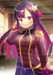 Rule 34 | 1girl, arm behind head, black jacket, black skirt, blurry, blurry background, blush, closed mouth, commentary request, commission, depth of field, epaulettes, gloves, hair ornament, hand up, indoors, jacket, kou hiyoyo, lens flare, long hair, looking at viewer, multicolored hair, parted bangs, purple hair, red eyes, red hair, shichiyou mitsuru, skeb commission, skirt, solo, star (symbol), star hair ornament, station memories, two-tone hair, very long hair, white gloves