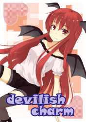 Rule 34 | 1girl, alternate costume, bad id, bad pixiv id, bare shoulders, casual, contemporary, english text, female focus, head wings, heart, ice (artist), ice (doragon), koakuma, long hair, red eyes, red hair, shorts, solo, symbol-shaped pupils, embodiment of scarlet devil, thighhighs, touhou, wings