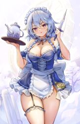 Rule 34 | 1girl, adapted costume, blue dress, blush, breasts, cleavage, cowboy shot, detached collar, dress, fii fii (feefeeowo), frilled dress, frills, grey hair, highres, holding, holding knife, holding tray, izayoi sakuya, knife, large breasts, maid, maid headdress, parted lips, purple eyes, short hair, solo, thighs, touhou, tray, twintails