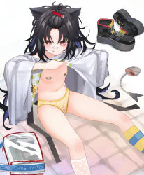 Rule 34 | 1girl, animal ears, asymmetrical legwear, bad id, bad pixiv id, bandaid, bandaid on face, bandaid on nose, bandaids on nipples, bangs pinned back, black hair, breasts, c-ms (girls&#039; frontline), c-ms (the wonderful adventures of goose) (girls&#039; frontline), cat ears, cbj-ms, closed mouth, commentary request, commission, covered erect nipples, fish skeleton, flat chest, foregrip, girls&#039; frontline, gun, handgun, highres, kneehighs, licking lips, long hair, machine pistol, mismatched legwear, navel, nipples, official alternate costume, panties, pasties, personal defense weapon, pink eyes, pistol, pixiv commission, shoes, sitting, small breasts, socks, solo, striped clothes, striped socks, submachine gun, timitarcat, tongue, tongue out, underwear, unworn footwear, unworn shoes, weapon, yellow panties