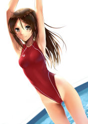 Rule 34 | 1girl, armpits, arms up, blush, brown eyes, brown hair, competition school swimsuit, competition swimsuit, cowboy shot, derivative work, dutch angle, highleg, highleg swimsuit, katahira masashi, long hair, looking at viewer, one-piece swimsuit, original, pool, red one-piece swimsuit, school swimsuit, simple background, smile, solo, swimsuit